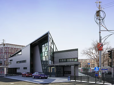 Modern Sales Office Building With Geometric Glass Facade And Street View Parked Cars 3d model