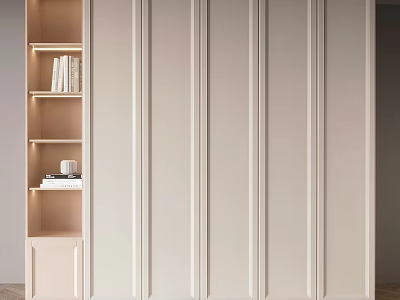Modern Light Beige Wardrobe With Paneled Doors And Built in Bookshelf Storage 3d model