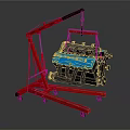 Red Engine Hoist Lifting Blue Automotive Engine With Portable Wheels And Stable Base 3d model