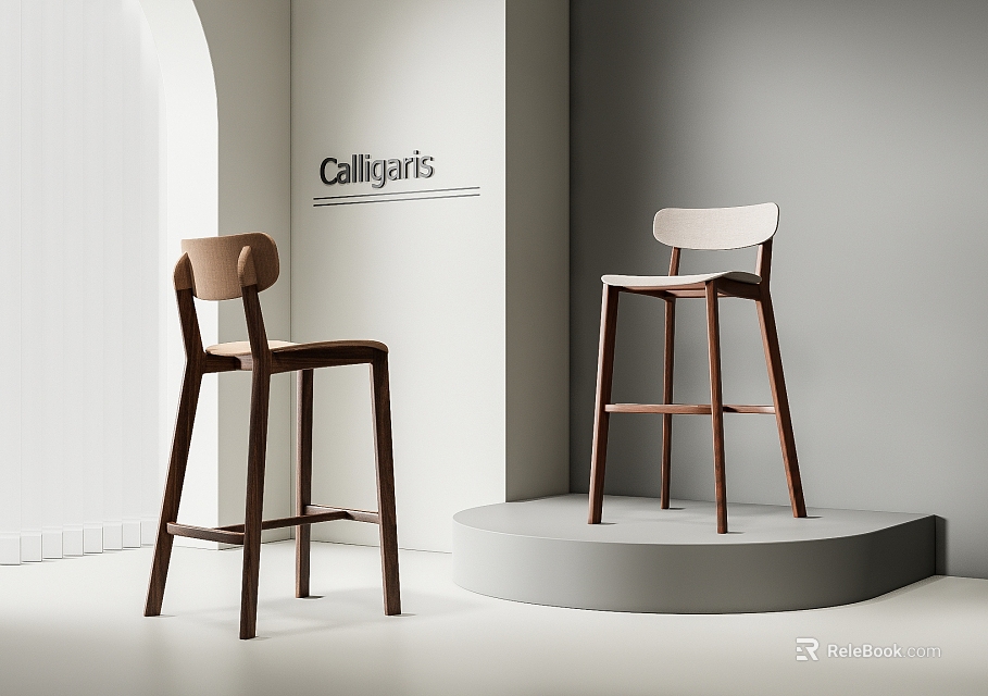 Calligaris Bar Stools With Modern Design Wooden Frame Brown And White Colors On Display Platform 3d model 
