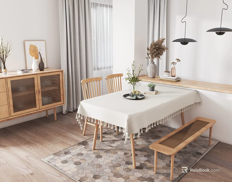 Minimalist Modern Dining Table Set With Wooden Chairs Bench White Fringed Tablecloth And Geometric Rug 3d model 