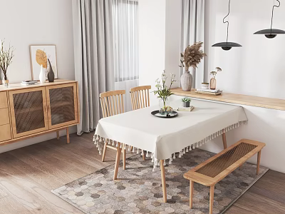 Minimalist Modern Dining Table Set With Wooden Chairs Bench White Fringed Tablecloth And Geometric Rug 3d model