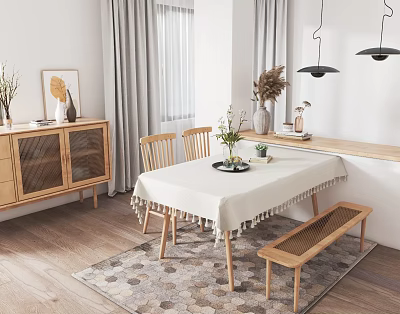Minimalist Modern Dining Table Set With Wooden Chairs Bench White Fringed Tablecloth And Geometric Rug 3d model