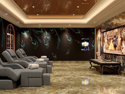 Luxury SPA Sauna Interior With Grey Massage Chairs Peacock Feather Wall And Marble Floor 3d model