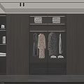 Modern Dark Wood Wardrobe Interior With Open Hanging Area Long Clothes And Drawers