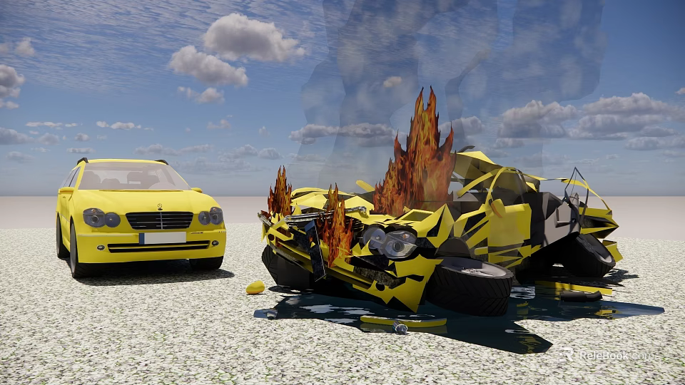 Yellow Car Crash Scene With Burning Wreckage Debris And Another Intact Vehicle 3d model 