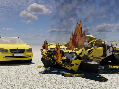 Yellow Car Crash Scene With Burning Wreckage Debris And Another Intact Vehicle 3d model