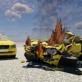 Yellow Car Crash Scene With Burning Wreckage Debris And Another Intact Vehicle