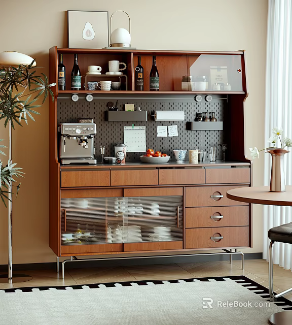 Modern Wooden Kitchen Sideboard With Coffee Machine Cups Wine Bottles And Drawers 3d model 