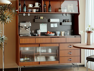 Modern Wooden Kitchen Sideboard With Coffee Machine Cups Wine Bottles And Drawers 3d model