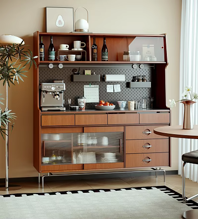 Modern Wooden Kitchen Sideboard With Coffee Machine Cups Wine Bottles And Drawers 3d model