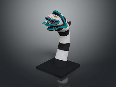 Creature Head 3D Model Featuring Sharp Teeth Blue White Stripes Yellow Eyes And Black Base 3d model