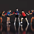 Dynamic Group of Women Playing Table Tennis in Active Poses