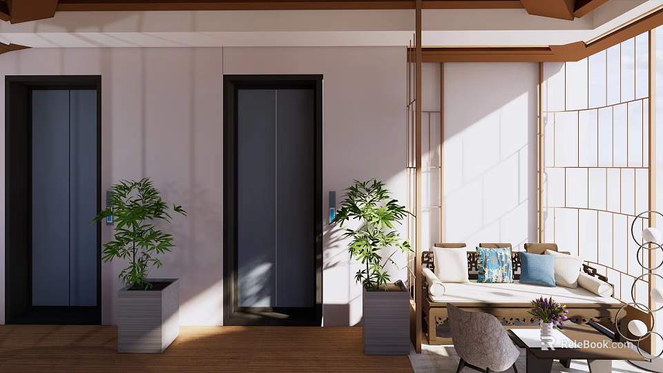 Hotel Lobby Interior Design With Elevator Doors Potted Plants And Natural Light 3d model 