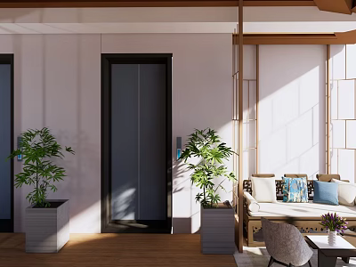 Hotel Lobby Interior Design With Elevator Doors Potted Plants And Natural Light 3d model