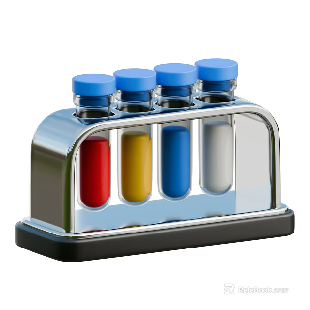 Industrial Equipment Metal Rack Holding Test Tubes With Blue Caps And Colored Liquids 3d model 