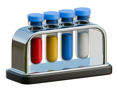 Industrial Equipment Metal Rack Holding Test Tubes With Blue Caps And Colored Liquids 3d model