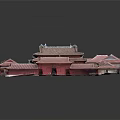 Cartoon Scene of Traditional Chinese Architecture with Red Curved Roofs Courtyard and Wooden Structures