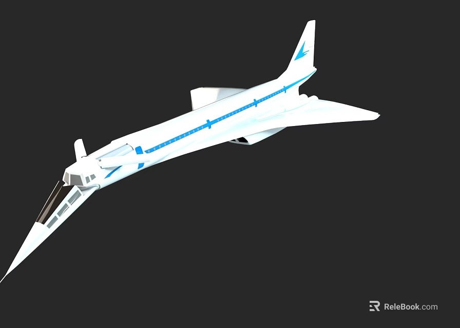 Sleek White Supersonic Passenger Jet With Blue Stripes And Sharp Nose Design 3d model 