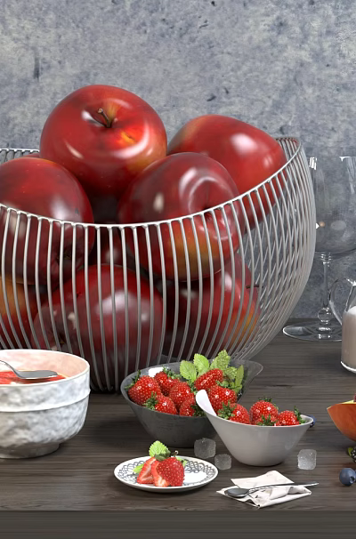 Red Apples in Metal Bowl with Fresh Strawberries Blueberries and Peach on Table Setting 3d model