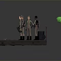 Group of Uniformed Characters by Red Brick Wall with Ground Props and Floating Green Sphere