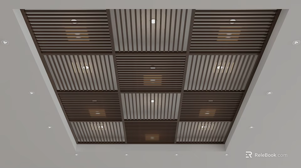 Modern Wooden Grid Design Ceiling With Recessed Lights And Decorative Panels 3d model