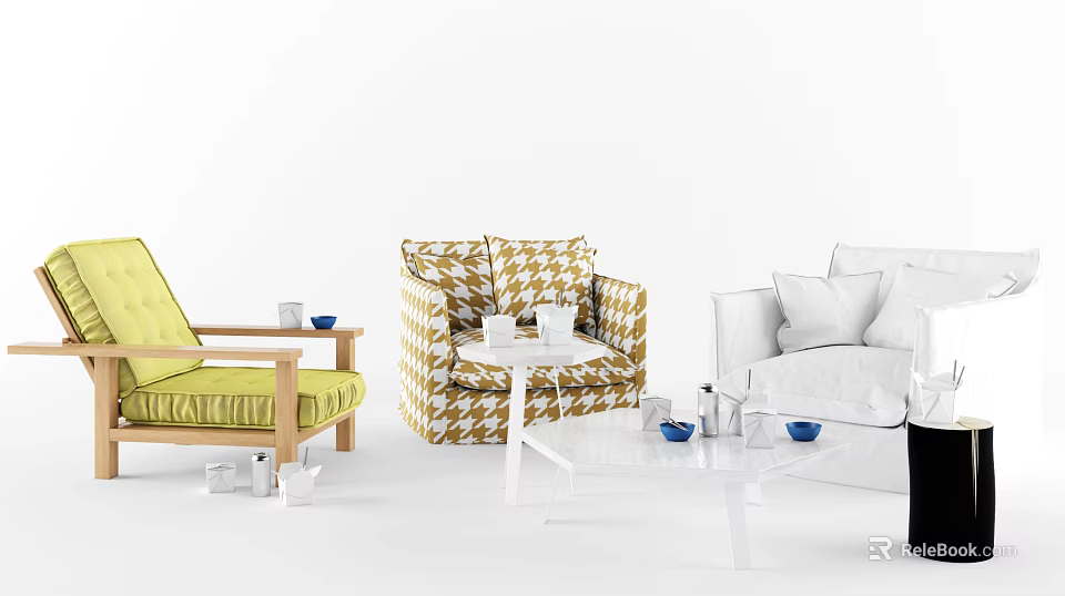 Modern Single Sofa Styles With Yellow White Houndstooth Patterns And Transparent Coffee Table 3d model 