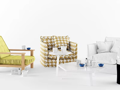Modern Single Sofa Styles With Yellow White Houndstooth Patterns And Transparent Coffee Table 3d model