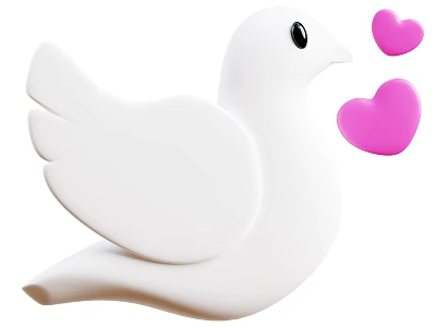 Cute White Dove with Floating Pink Hearts on Simple White Background 3d model