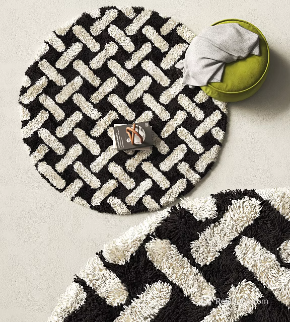 Black and White Round Rug with Braided Shaggy Texture and Green Cushion in Living Room 3d model 