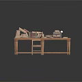 Wooden Dining Table with Books Lamp Cup and Chair on Wooden Parquet Floor