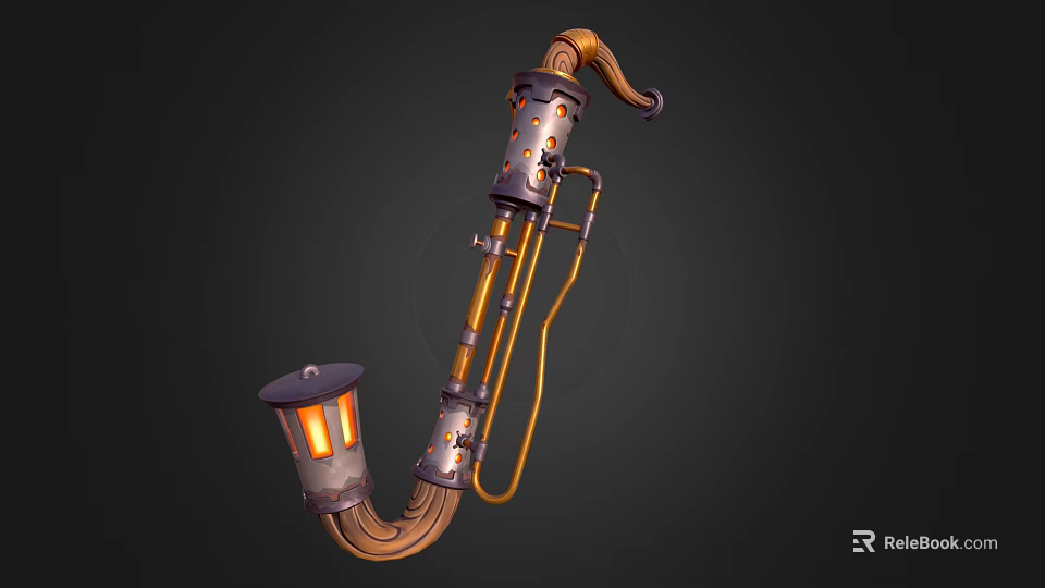 Steampunk Style Weapon Featuring Long Curved Tube Metal Parts And Lantern 3d model 