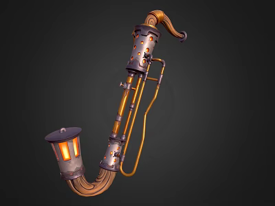 Steampunk Style Weapon Featuring Long Curved Tube Metal Parts And Lantern 3d model