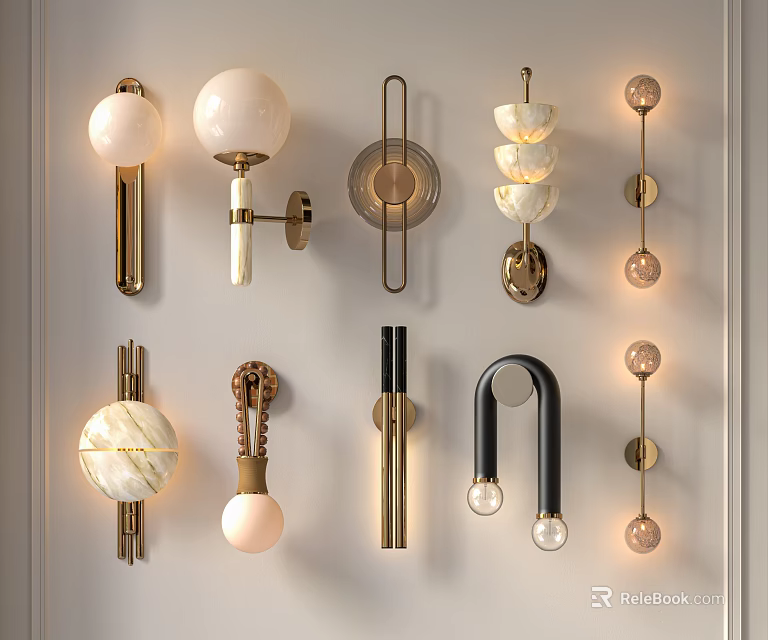 Various Designs Wall Lamps with Metallic and Marble Accents Mounted on Wall 3d model 
