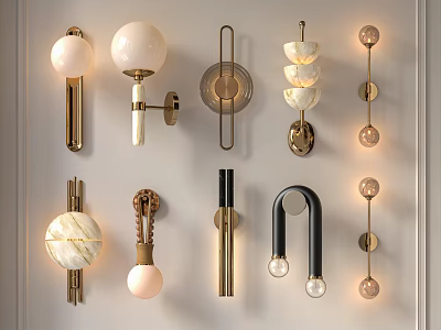 Various Designs Wall Lamps with Metallic and Marble Accents Mounted on Wall 3d model