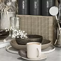 Modern Kitchen Utensils Display With Ceramic Bowls Glass Mugs Storage Jars And Fresh Apples