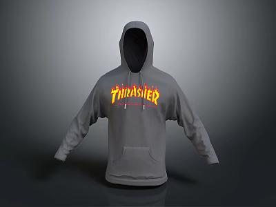 Gray Casual Hoodie With Vibrant THRASHER Lettering And Front Pocket Design 3d model