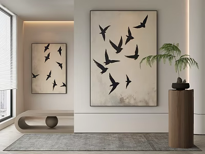Abstract Paintings With Black Birds In Modern Interior Space With Plant And Carpet 3d model