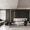 Modern Bedroom Interior With Large Bed Sofa TV And Floor to Ceiling Curtains