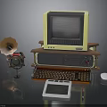 Vintage Computer Setup With Typewriter Gramophone Tablet Mouse And Pen