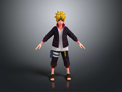 Man With Blonde Hair Dark Coat White Shirt Dark Pants Sandals And Blue Waist Pouch 3d model