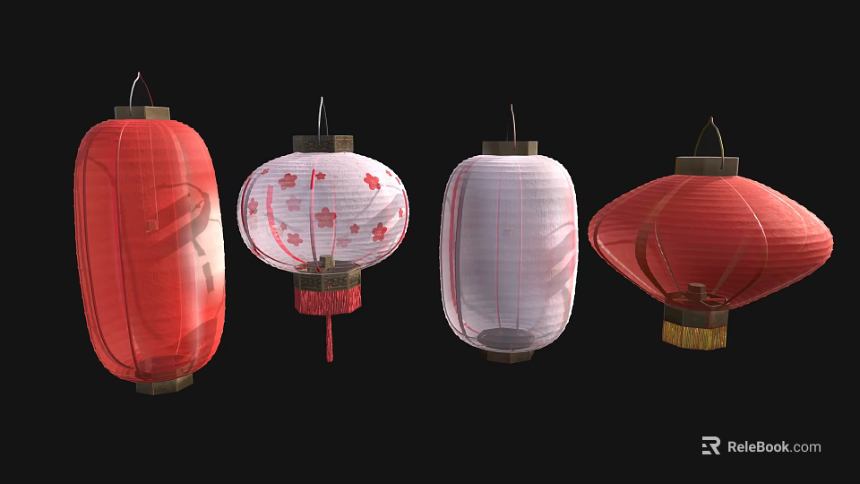 Elegant Home Furniture Decorated With Red And White Chinese Lanterns In Various Styles 3d model 