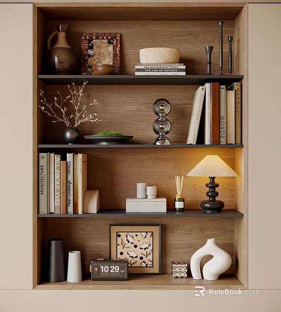 Modern Decorative Ornament Set With Books Table Lamp Vase And Framed Art On Wooden Shelf 3d model 