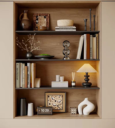 Modern Decorative Ornament Set With Books Table Lamp Vase And Framed Art On Wooden Shelf 3d model
