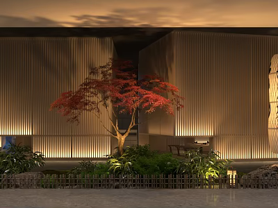Japanese Style Restaurant Interior With Red Maple Tree Wooden Wall And Courtyard Lighting 3d model