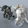 Game and Movie Fantasy Characters With Dark Armor Green Accents and White Horned Creature Design