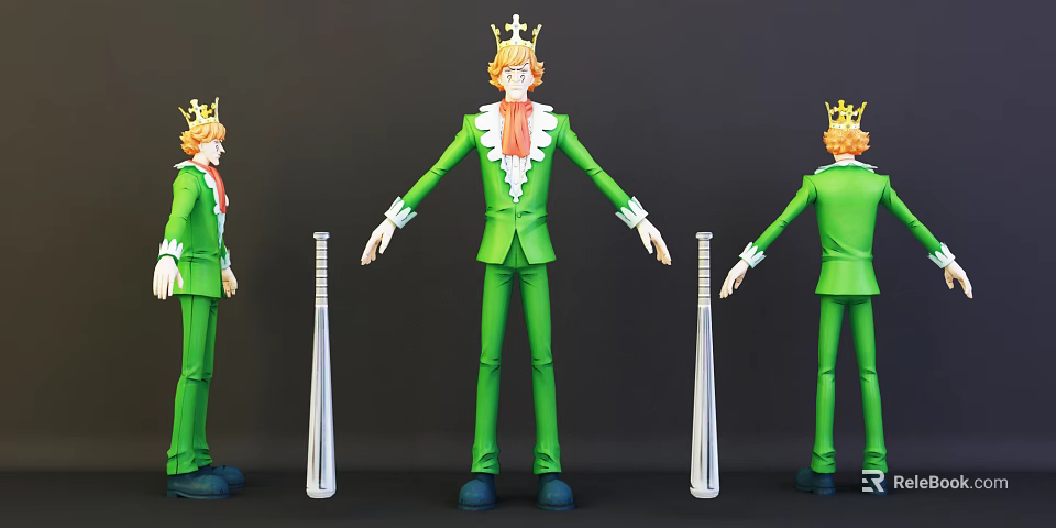Game Movie Character Green Suit Golden Crown Orange Hair Three Views With Baseball Bat 3d model 