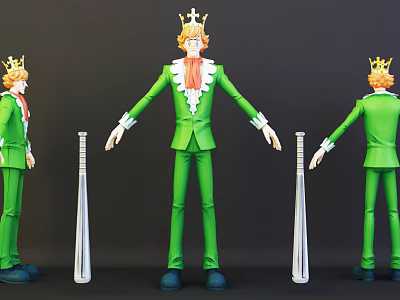 Game Movie Character Green Suit Golden Crown Orange Hair Three Views With Baseball Bat 3d model