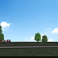 Red Bus Stop Roadside Facilities with Curved Shelter Seats and Billboards Under Blue Sky