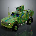 Camouflaged Military Vehicle With Roof Mounted Weapon Armored Body And Antennas